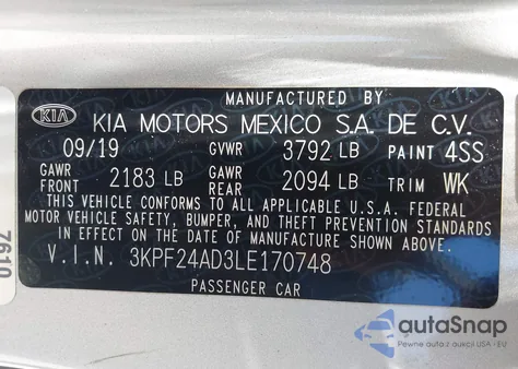 2020 Kia Forte Lxs z USA, uszkodzony, nr VIN 3KPF24AD3LE170748